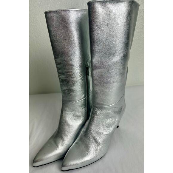 Inez Milla Boot in Soft Silver Kidskin Leather Pointed Toe Metallic MSRP $326 - Picture 6 of 14
